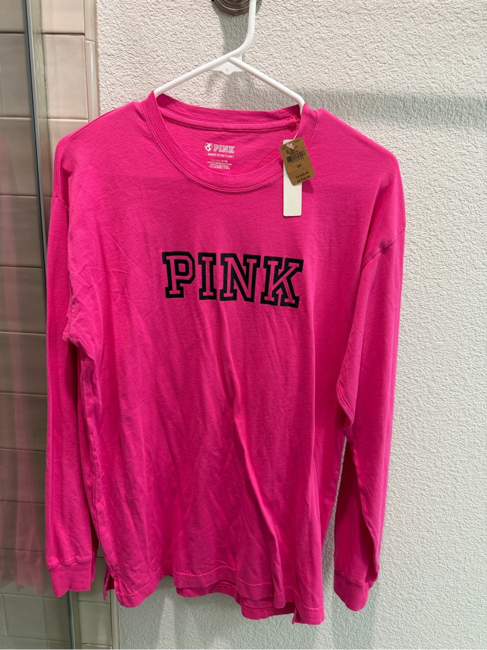 PINK Victoria's Secret Bright Pink Long Sleeve Logo Tee